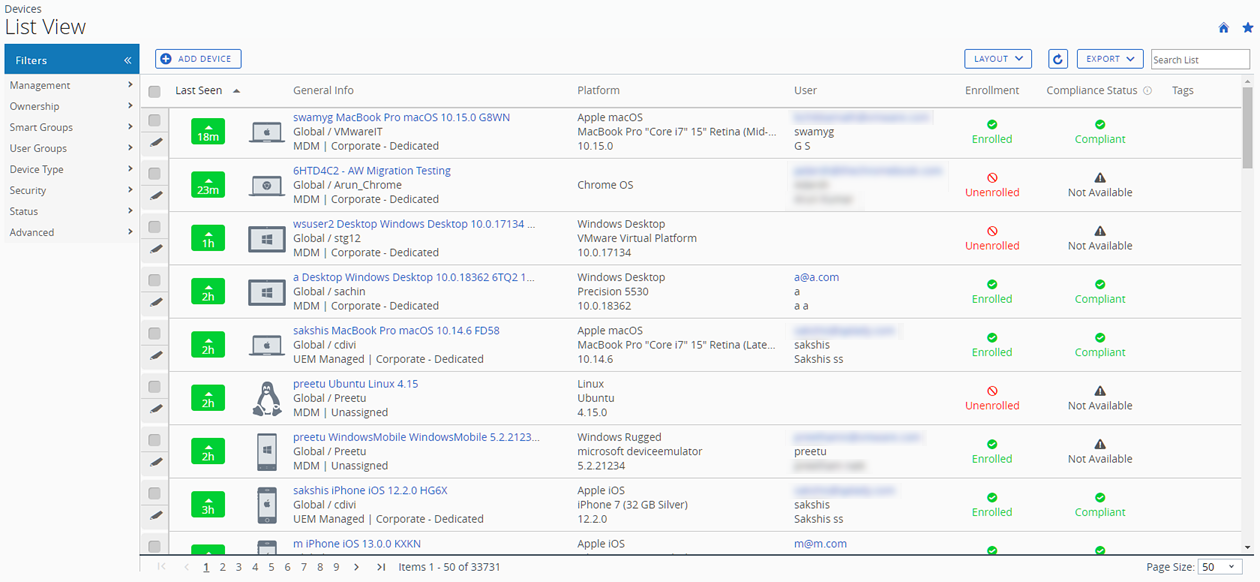 Device List View shows a full listing of the devices currently selected with friendly name and device status