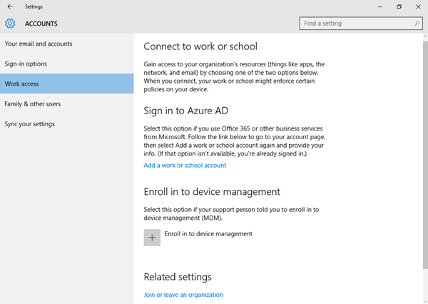 The Work Access menu is displayed, showing enroll in to divice management option