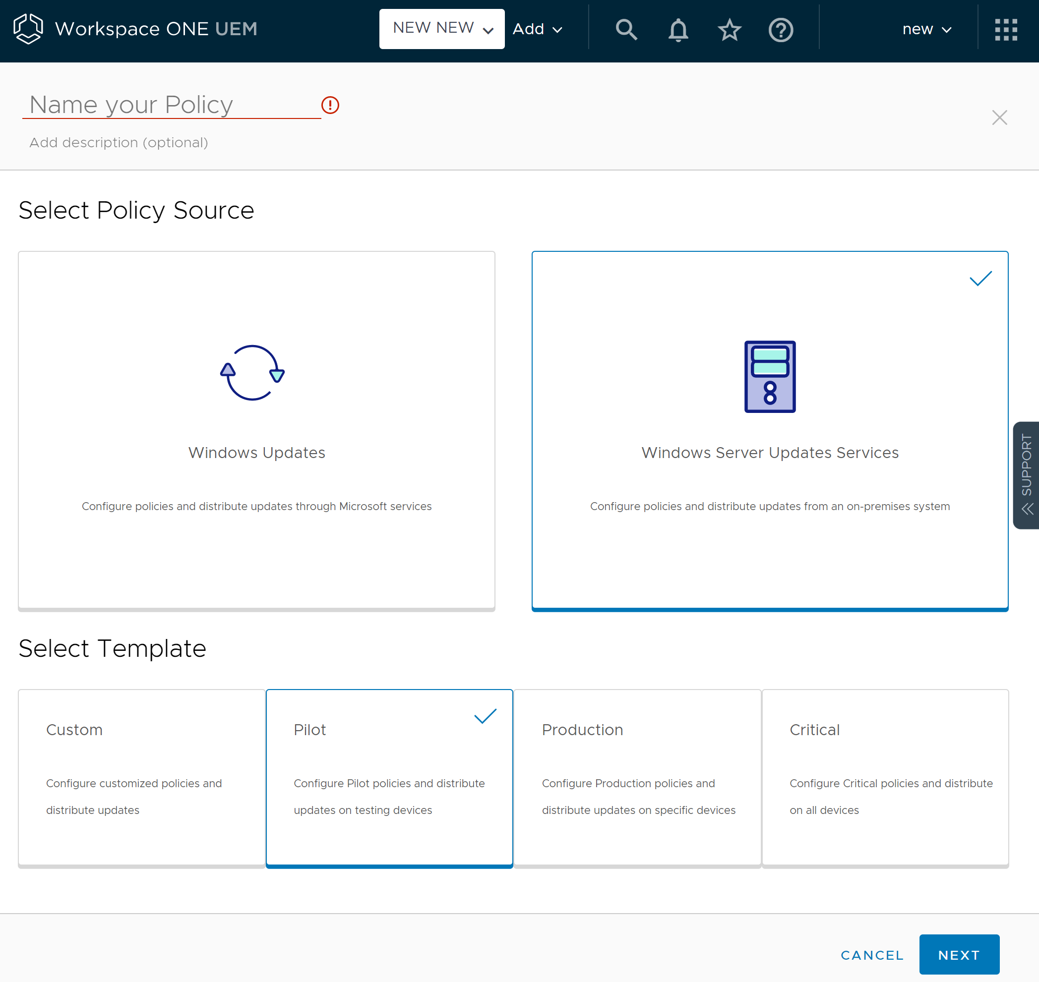 Image shows the Policy page with the option to selected templates