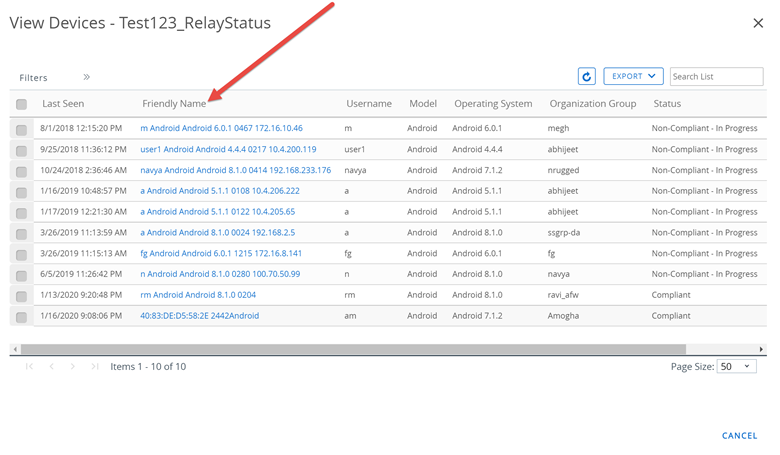 This screenshot displays the View Devices listing for a specific product. this is what you see when you select a number from the status columns of the Product List view. It displays all the device Friendly Names that have, or are scheduled to have, the product in question.