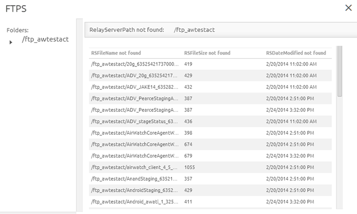 This partial screenshot shows the Remote File Listing, which you can see by navigating to Devices > Provisioning > Relay Servers > List View, select a server's radio button,  select the More Actions button, then select Remote File List.