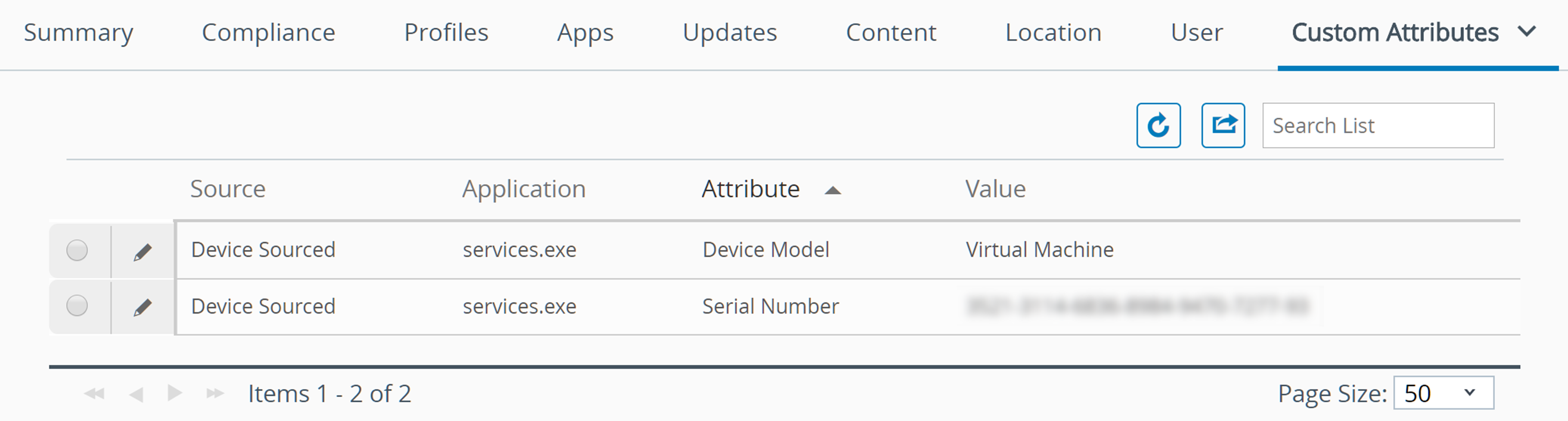 This screenshot shows a device details view of the Custom Attributes tab, showing all the custom attributes on the device, the app they are a part of, and their values.