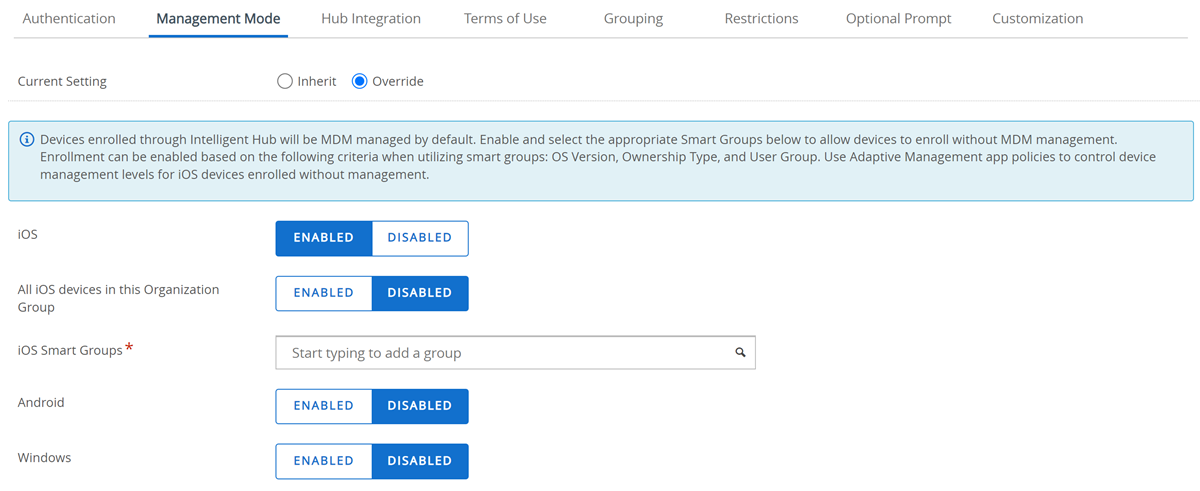 this partial screenshot shows the Management Mode tab for Enrollment settings