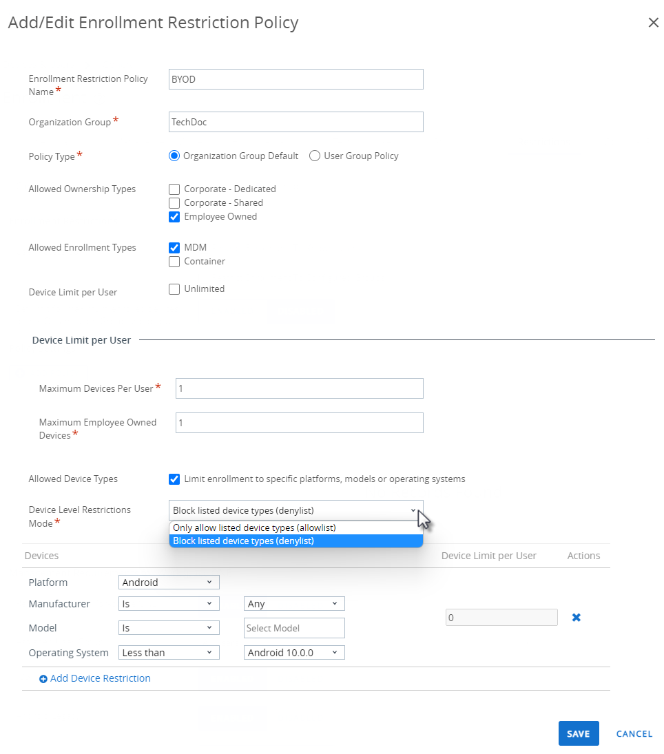 This screenshot shows the Add/Edit Enrollment Restriction Policy screen, which lets you limit enrollment easily