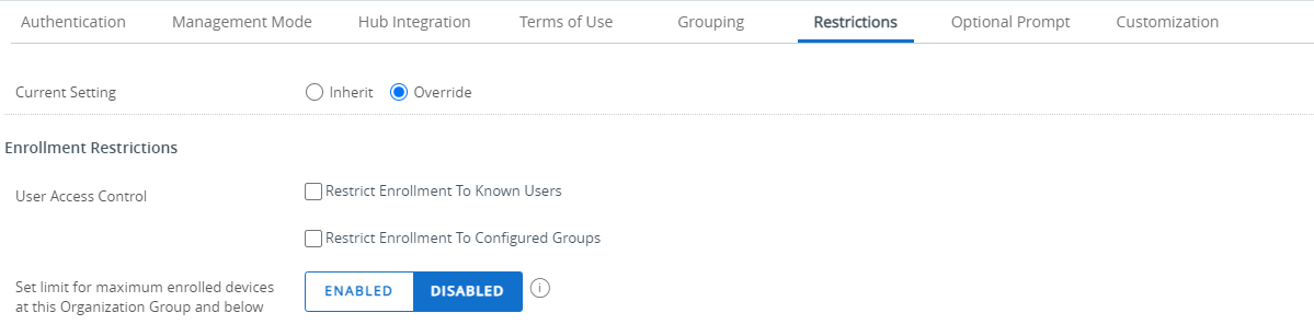 this partial screenshot shows the Restrictions tab for Enrollment settings