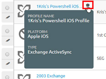 This screenshot is from the Profile Details page and it shows what a hover-over pop-up contains: profile name, platform, and type.