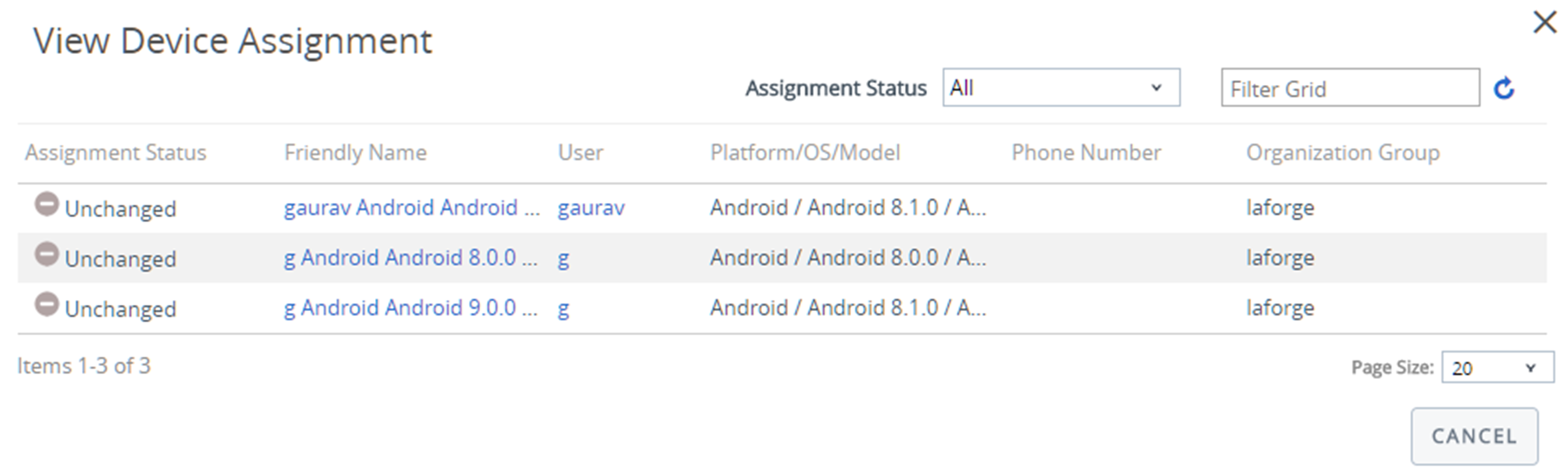 This screenshot shows the View Device Assignment screen featuring three devices whose assignment status is unaffected.