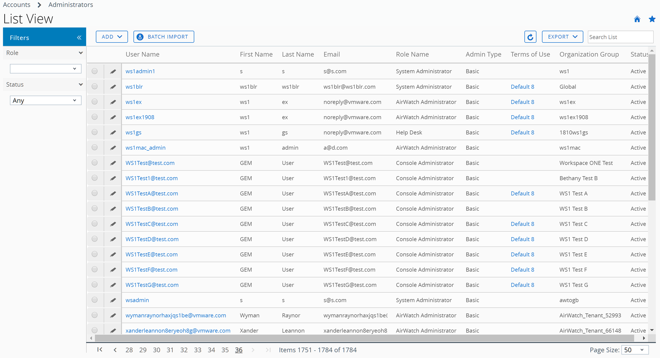 This screenshot displays the administrator account list view, which you can filter by role and status. You can sort the listing by clicking any of the column headers. From this page, you can add new accounts and import accounts in batches.