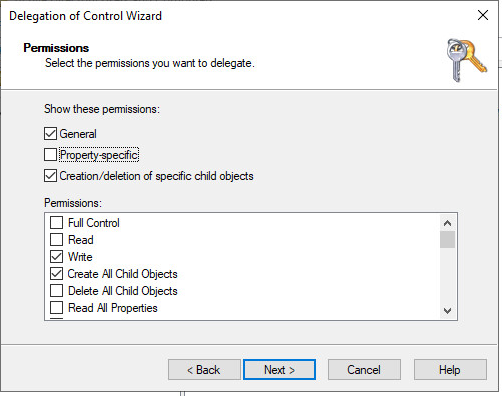 The Delegation of Control Window shows the Permissions section with "General", "Creation/deletion", "Write", and "Create All Child Objects" selections checked before selecting Next