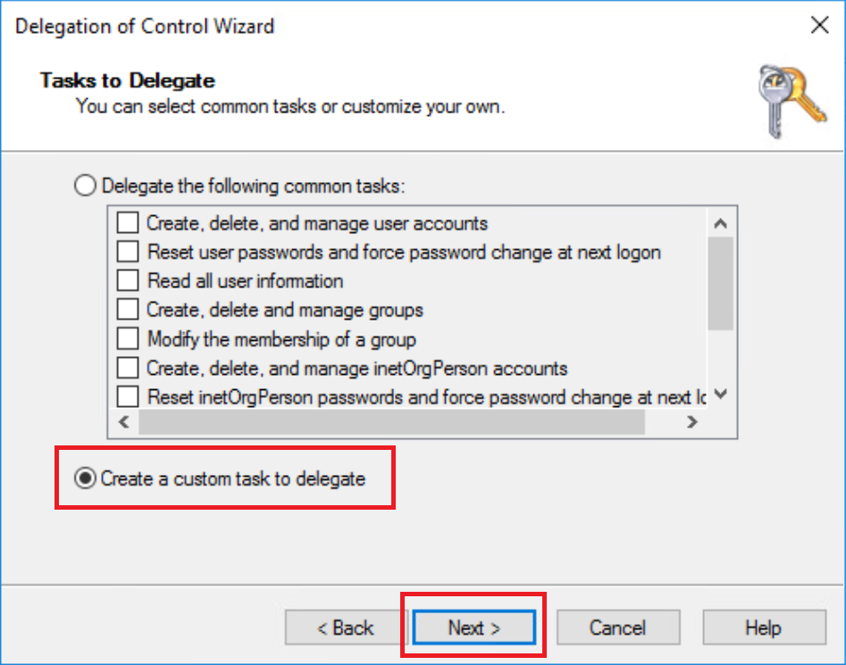 The Task to Delegate window is shown with "create a custom task" selected and the Next button selected as well