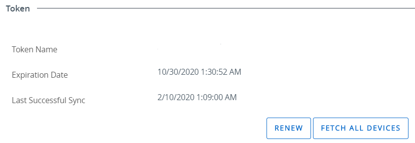 The screen shows the Expiration Date and the last successful sync. Displays the buttons to Renew and Fetch All Devices.