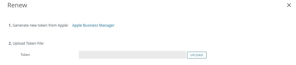 The Renew screen shows the option to generate a new token from Apple Business Manager and upload the token file.