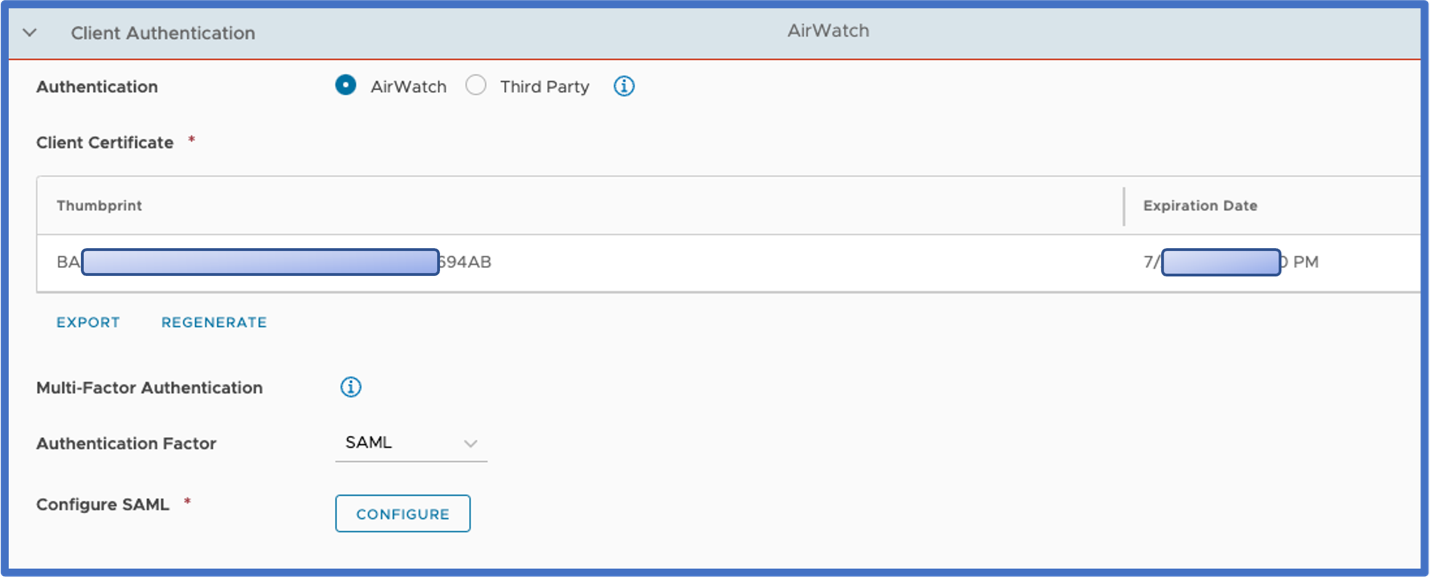 Console view of the Client Authentication screen showing SAML authentication