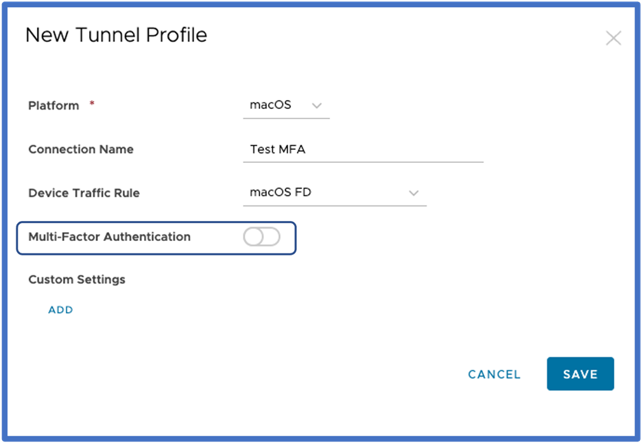 Console view of the New Tunnel Profile box that shows a toggle to activate Multi-Factor Authentication