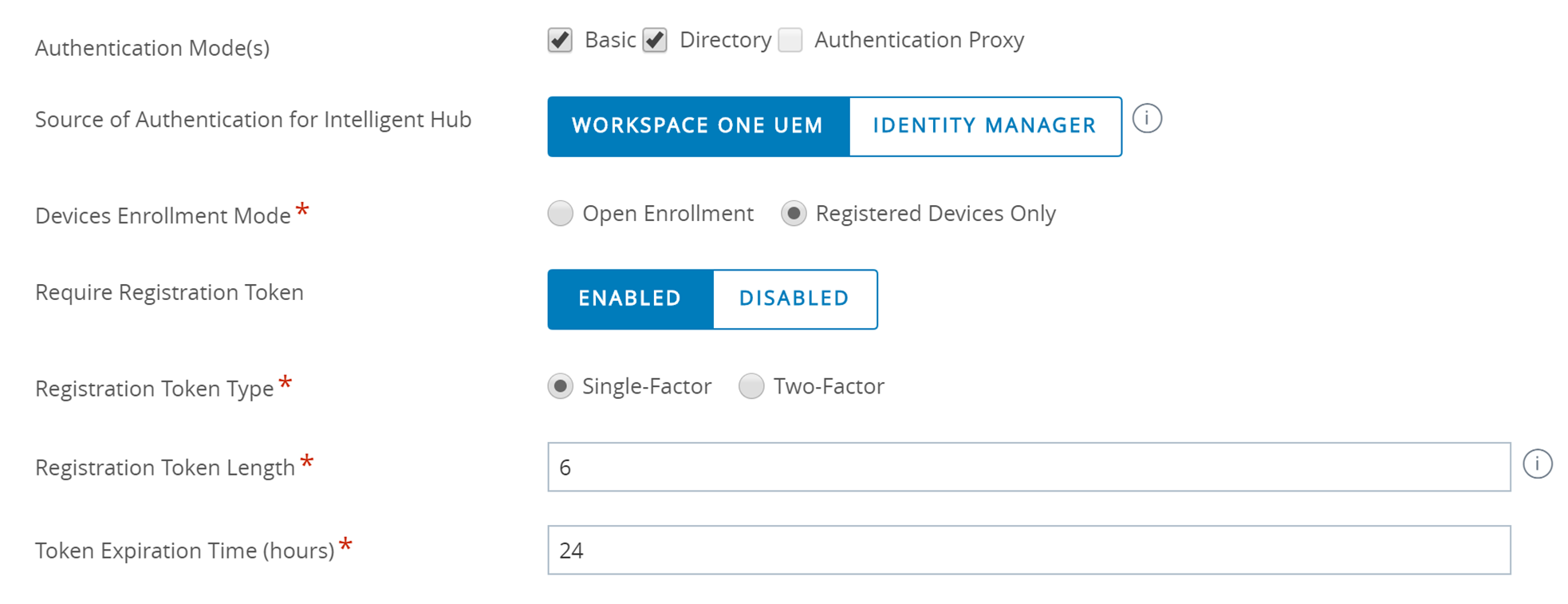This screenshot shows the Authentication tab in the General > Enrollment settings, with all the Registration Token options enabled.