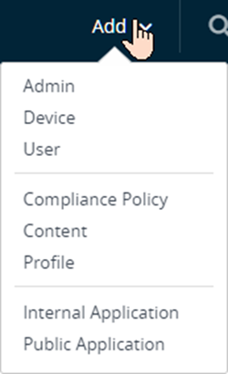 The screenshot of the Add button drop-down menu shows options for adding admins, devices, users, compliance policies, profiles, and other content.
