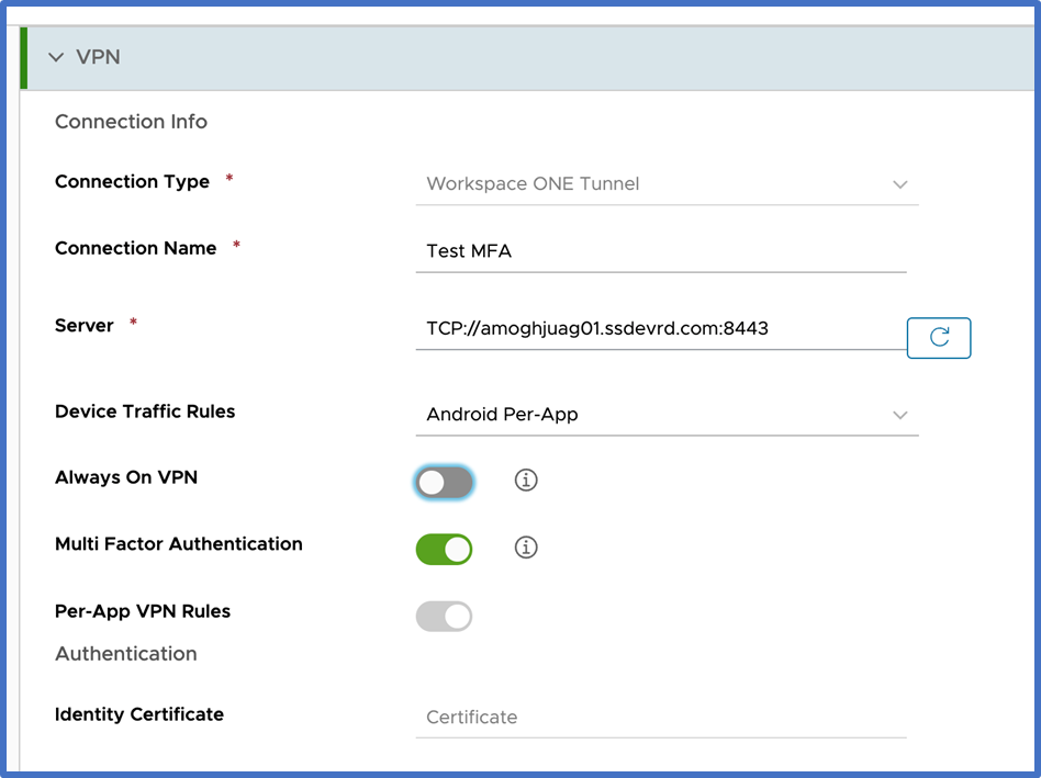 Mobile managed Tunnel Profile with a toggle to activate Multi-Factor Authentication.