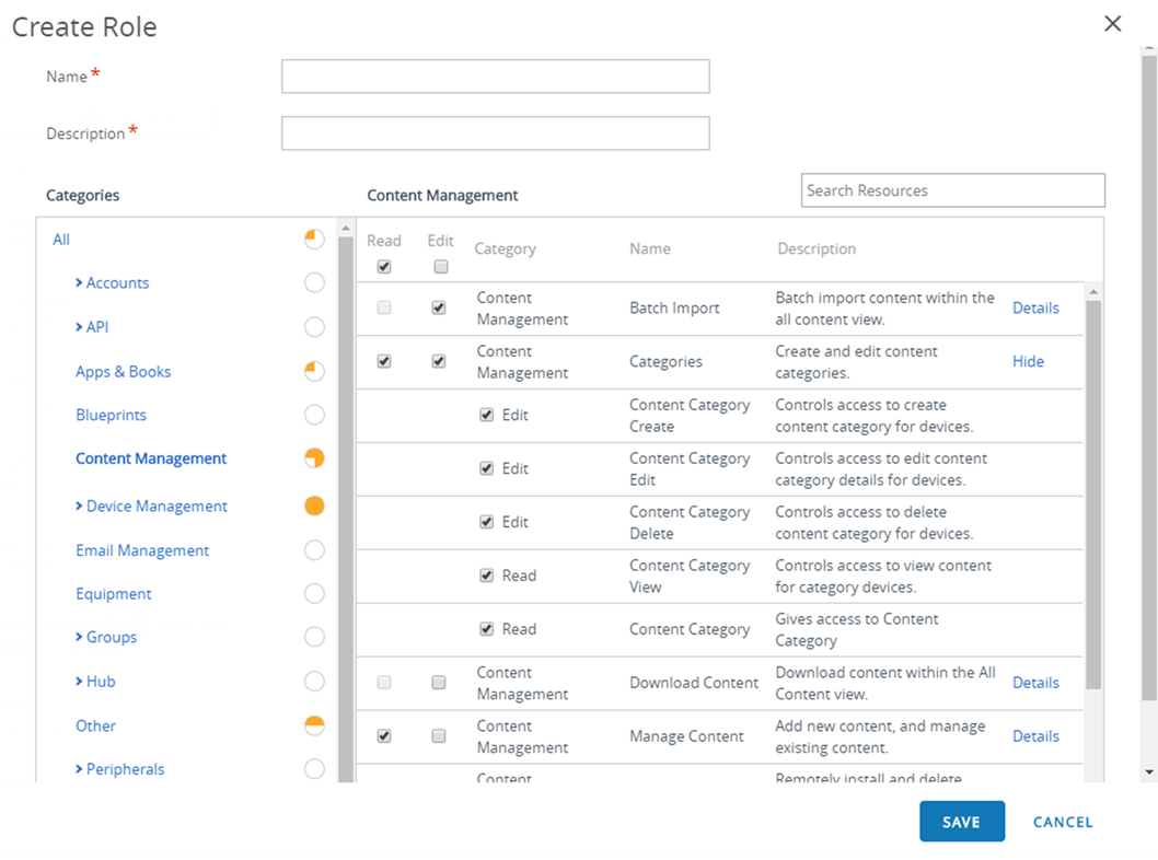 This screenshot features the Create Role screen with Categories on the left and searchable Content Management on the right.