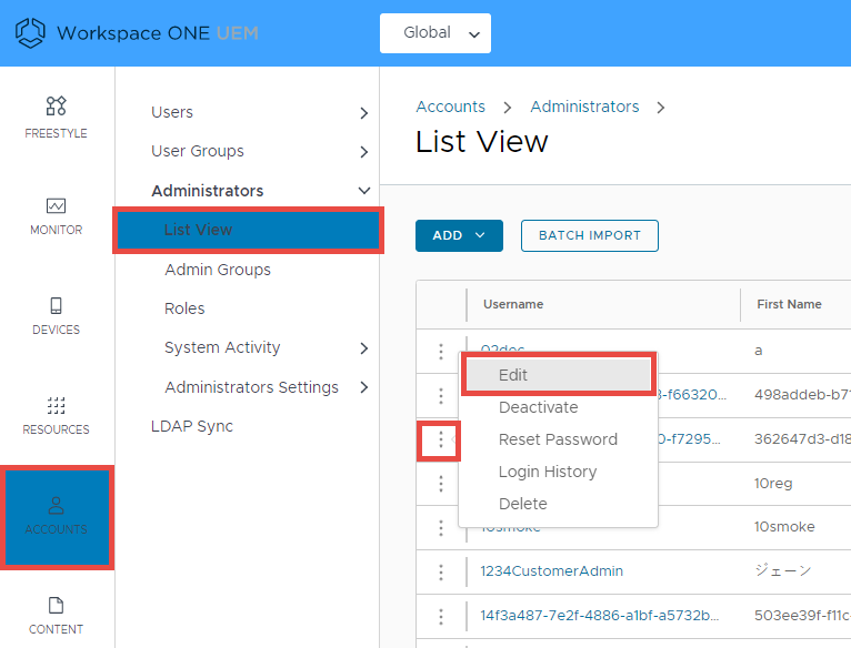 This screenshot shows the Accounts, Admin List View page with the kebab icon selected and the Edit button highlighted, showing the path to alter the the role loadout or assign a role to an admin.