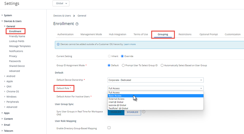 This screenshot shows the Enrollment Grouping Settings Page, which enables you to configure a default user role.