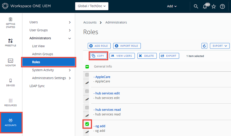 This screenshot shows the Accounts, Administrator Roles page with a role selected and the Copy button highlighted.