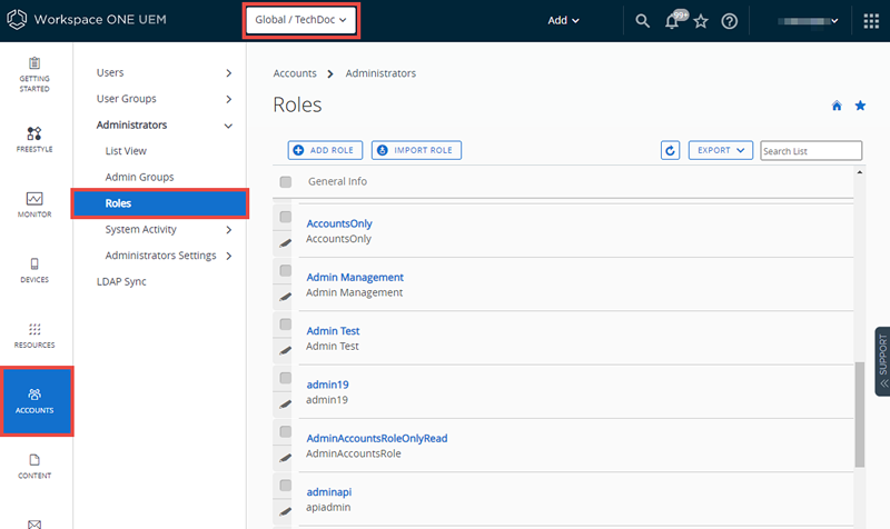 This screenshot shows the Accounts, Administrator Roles page, which you can use to make custom admin roles from default roles.