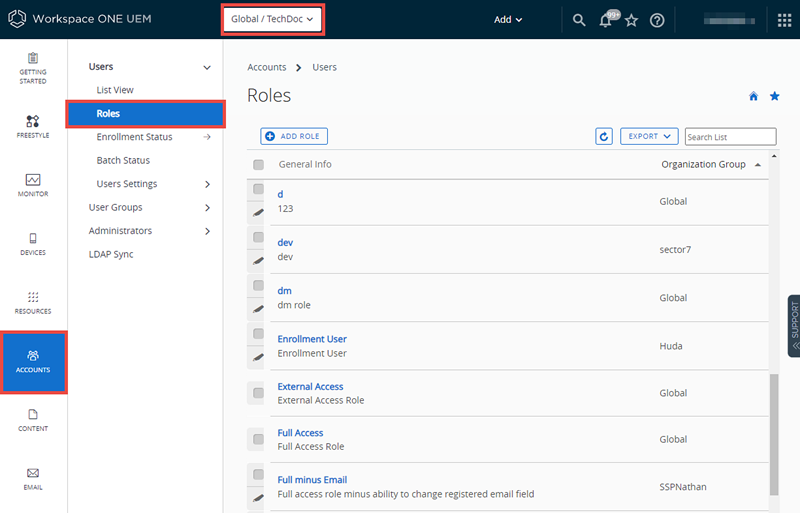 This screenshot shows the Accounts, Users Roles page, which you can use to make custom user roles from default roles.