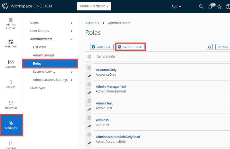This screenshot shows the Accounts, Administrators Roles page with the Import Role button highlighted.