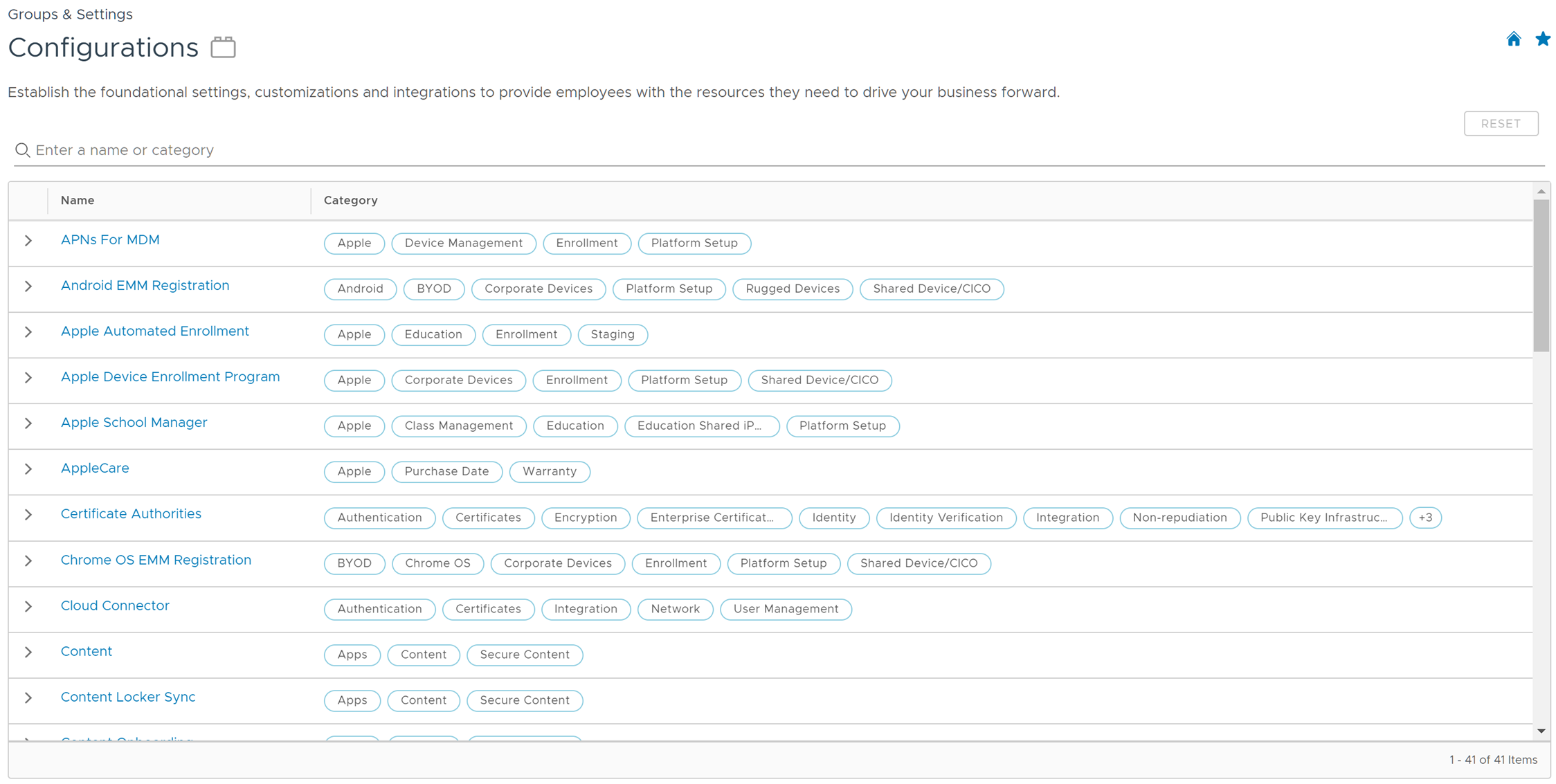 This is the main Configuration screen in Workspace ONE UEM, from which you can filter and view curated device & environment configs.