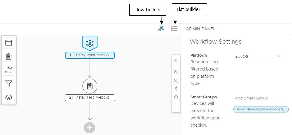 List Builder and Flow Builder Icons on the Freestyle Orchestrator workflow screen