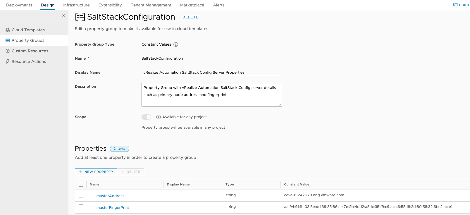 Screen shows the vRealize Automation property groups page and the "SaltStackConfiguration" property group created when SaltStack Config is installed
