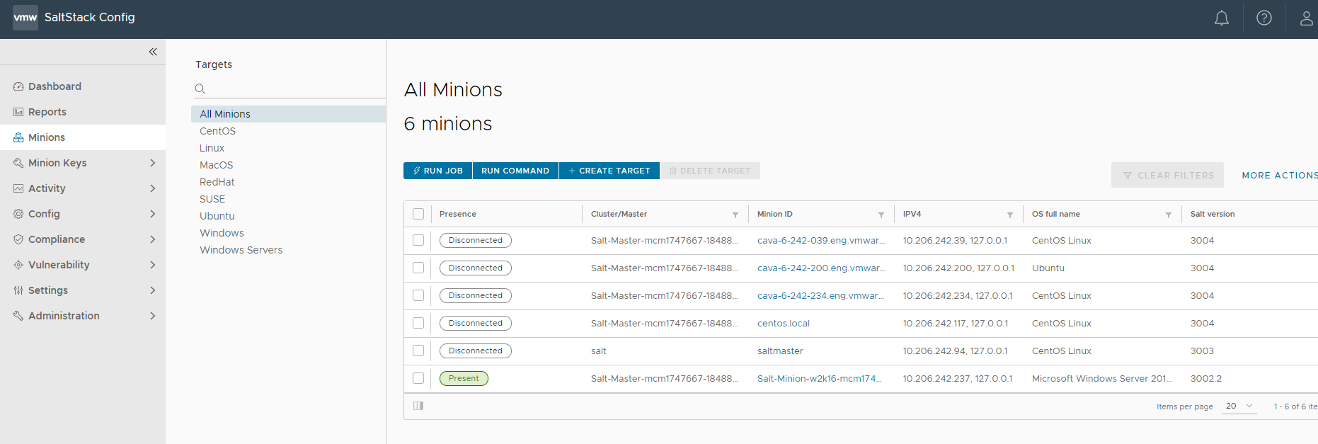 The Minions workspace in SaltStack Config that shows a list of all available minions