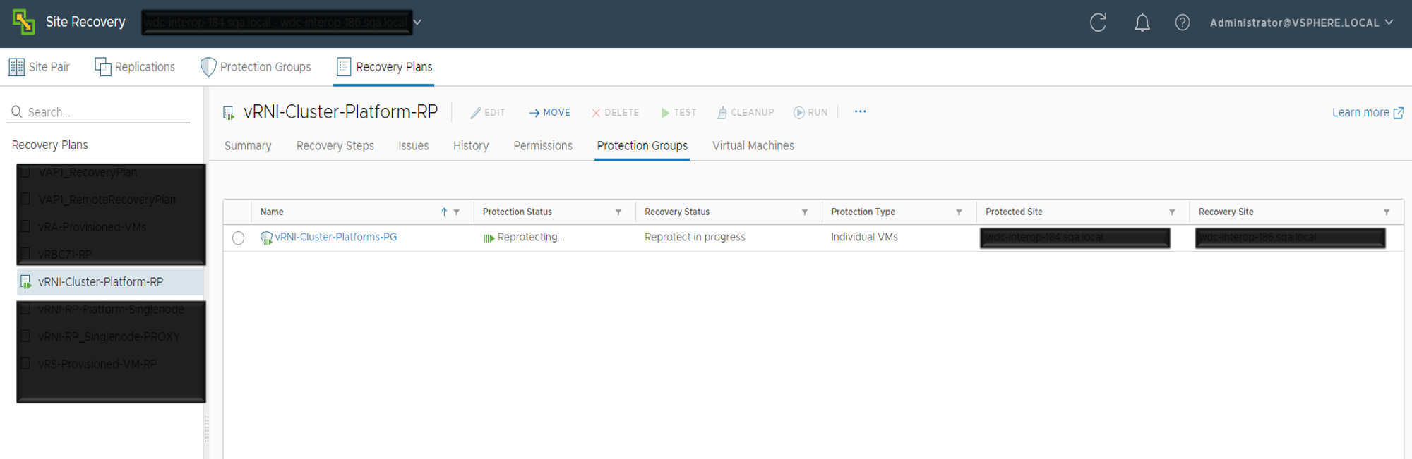 The Site Recovery user interface displays options to create Recovery Plans by adding respective protection groups.