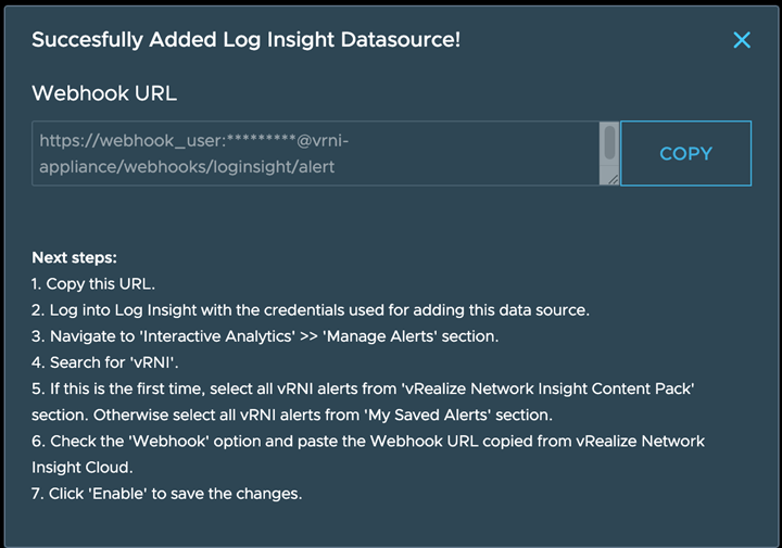 The popup window that is displayed after adding vRealize Log Insight as a datasource in vRealize Network Insight providing the Webhook URL.