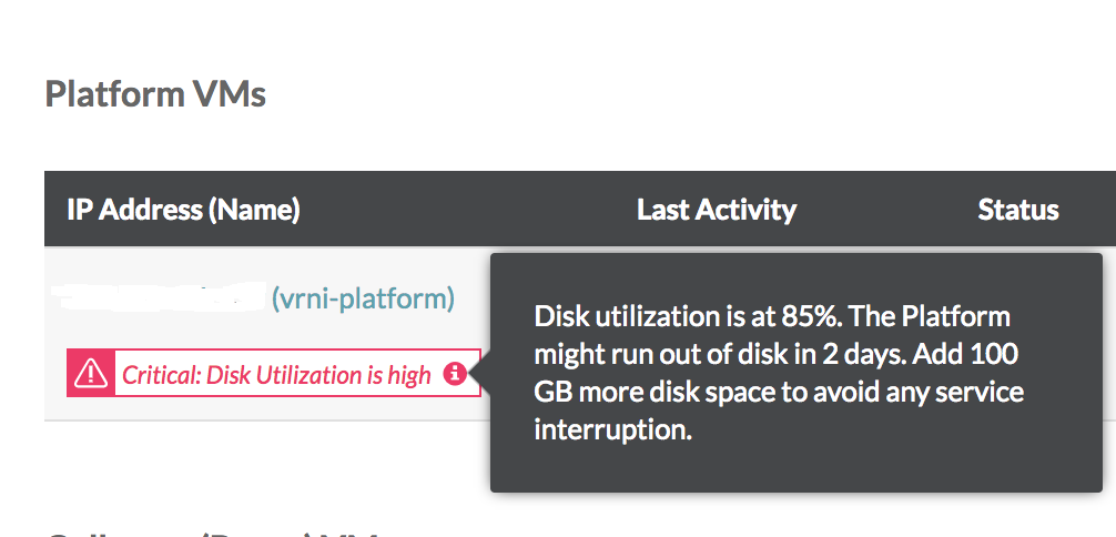 An example of a disk utilization alert on the vRealize Network Insight user interface.
