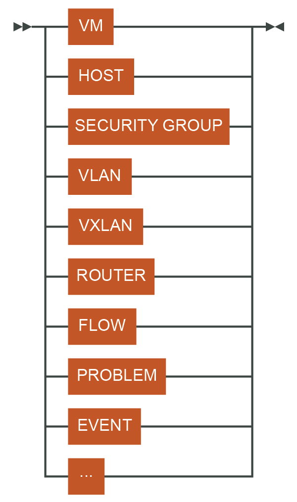 An entity type can be a VM, host, security group, VLAN, VXLAN, router, flow, problem, event, and so on.