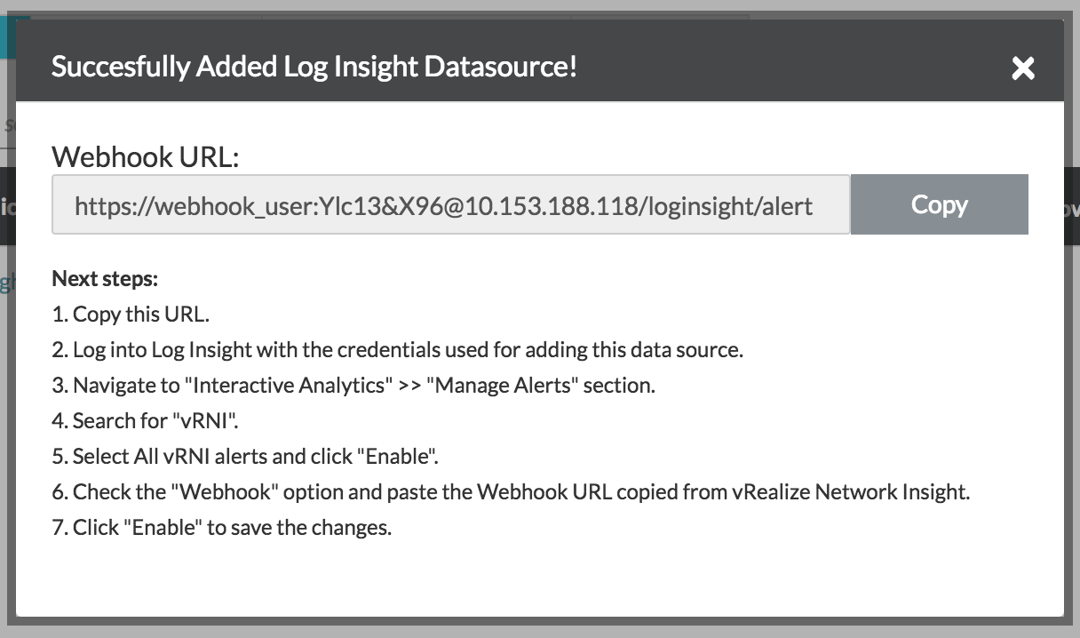 The pop-up window on vRealize Network Insight displaying the prerequisites for adding the vRealize Log Insight data source.