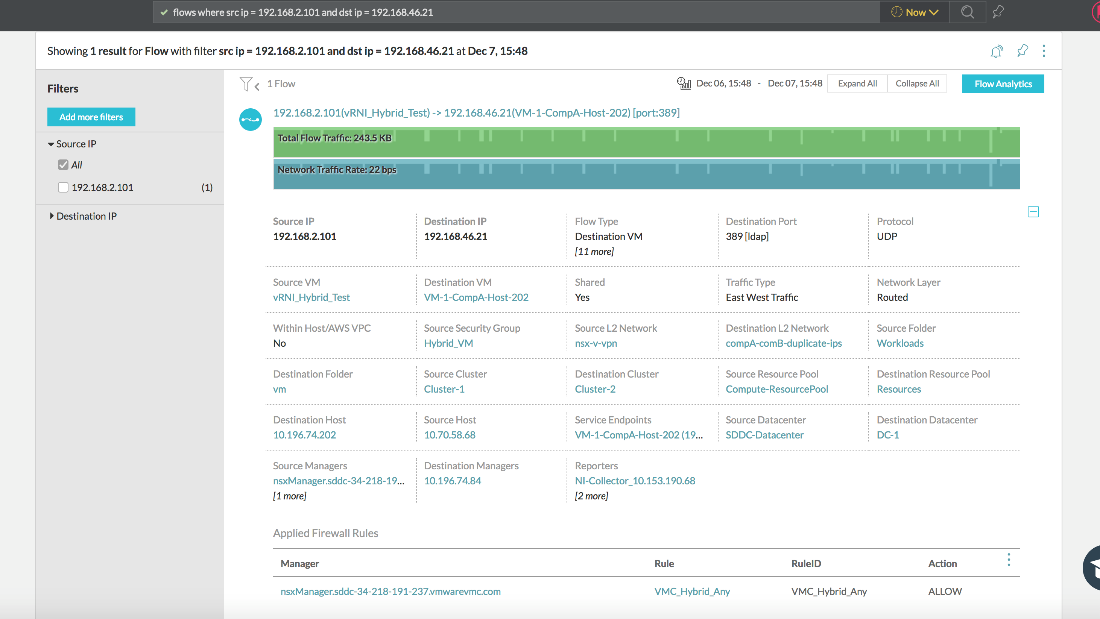 The vRealize Network Insight user interface displaying a flow and the details associated with the entities of the flow.