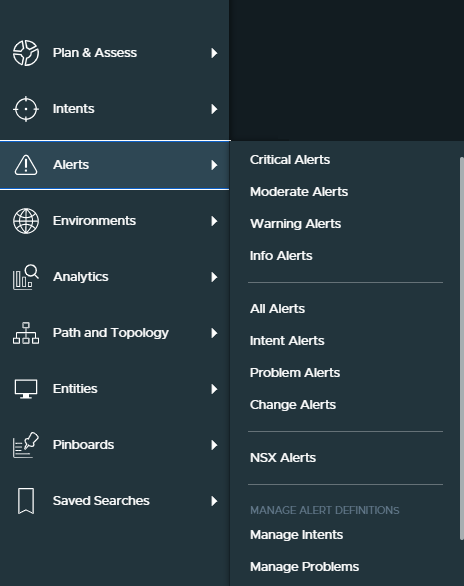 The navigation panel on the vRealize Network Insight user interface.