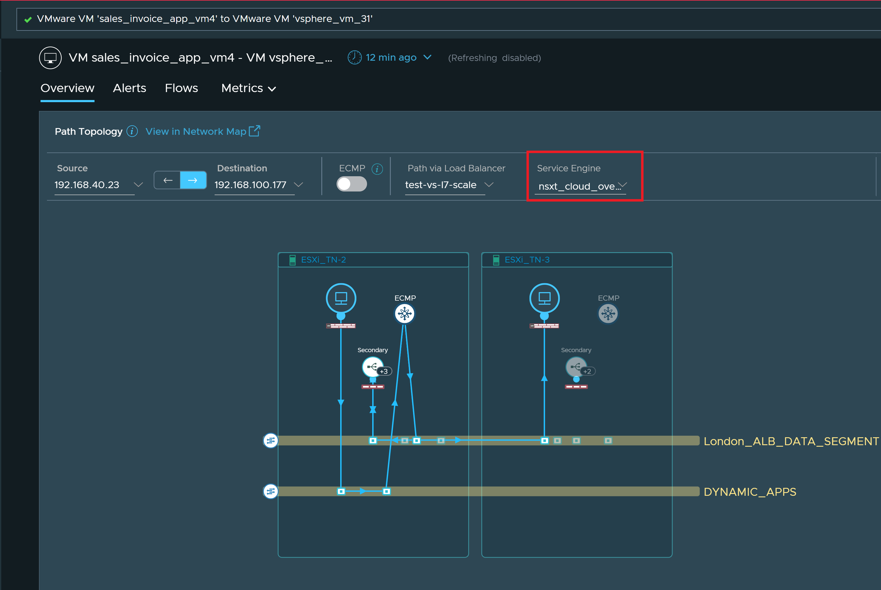 Illustration of VM-VM path through a secondary Service Engine