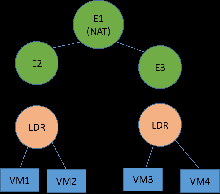 An example topology where E2, E3, LDRs, and VMs ( VM1, VM2, VM3, VM4) are part of NAT domain E1.