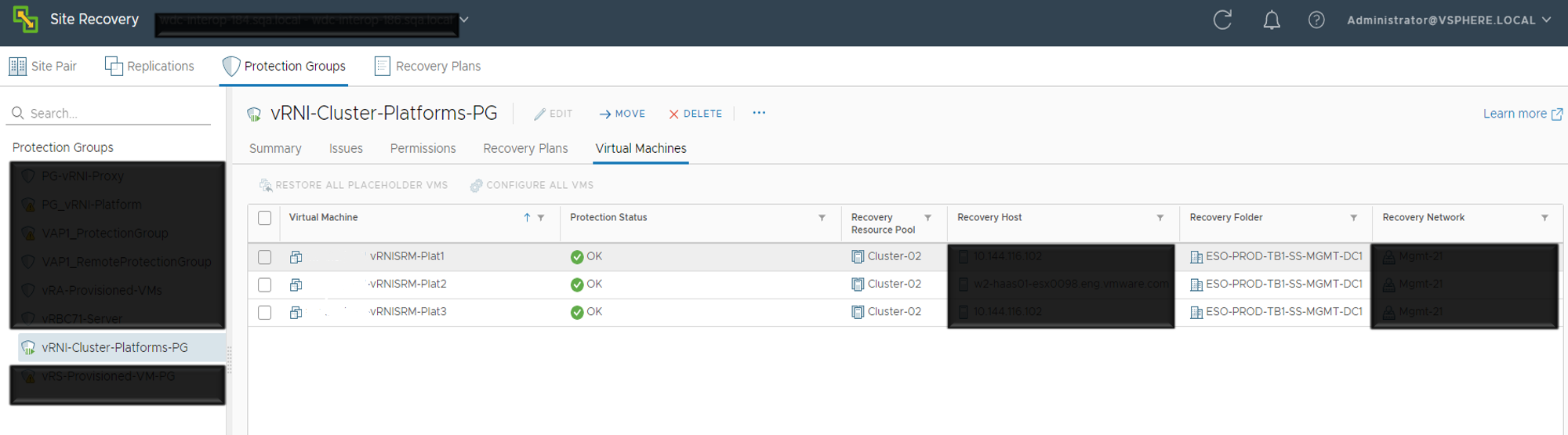 The Site Recovery user interface displays options to create protection group for vRealize Network Insight.