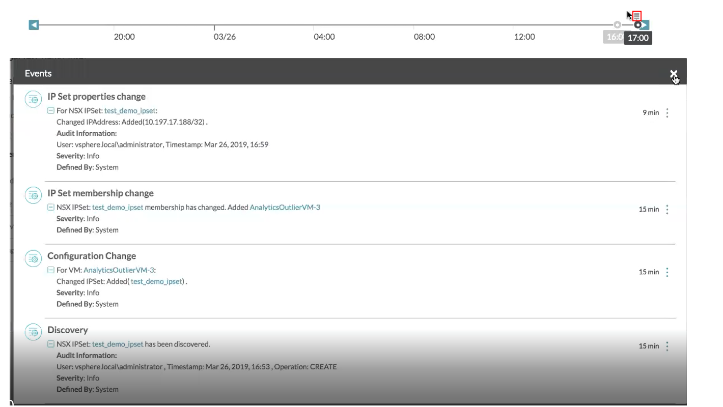 The audit information on the timeline of the object showing information such as IP set properties changes.