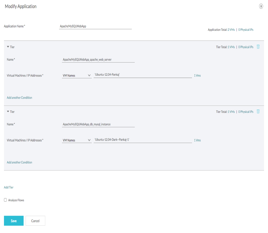 The Modify Application page displays options for adding an application.