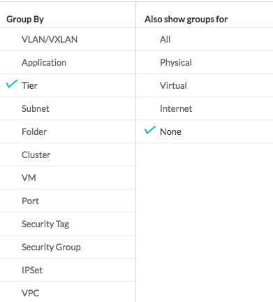 The options to analyze flows based on multiple categories such as tier, subnet, and so on.