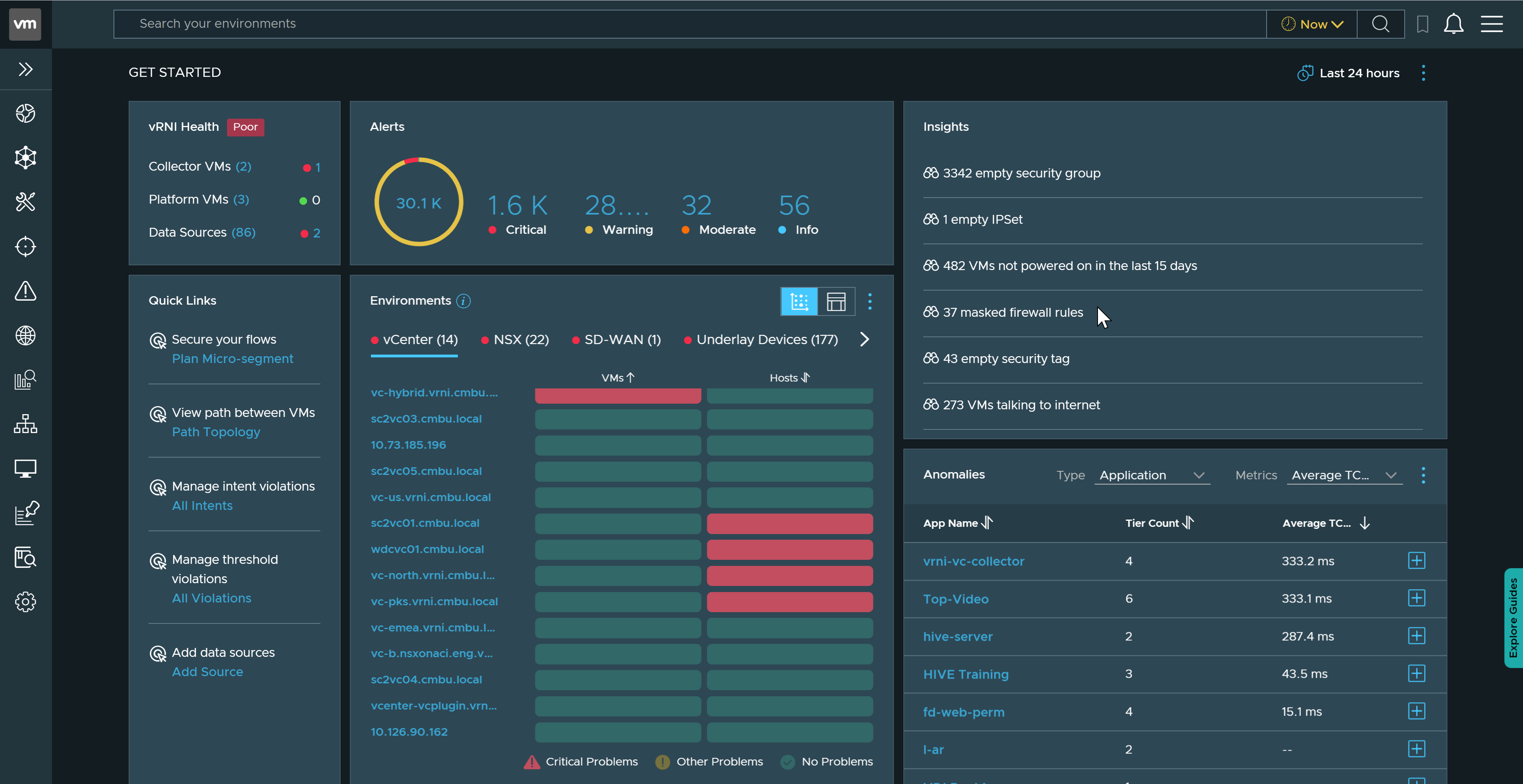 The vRealize Network Insight home page provides quick access to important sections such as vRNI health, quick links, alerts, and insights.