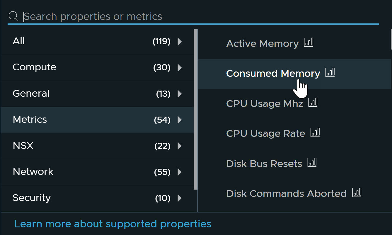 Viewing the Consumed Memory metric of a host on the entity page.