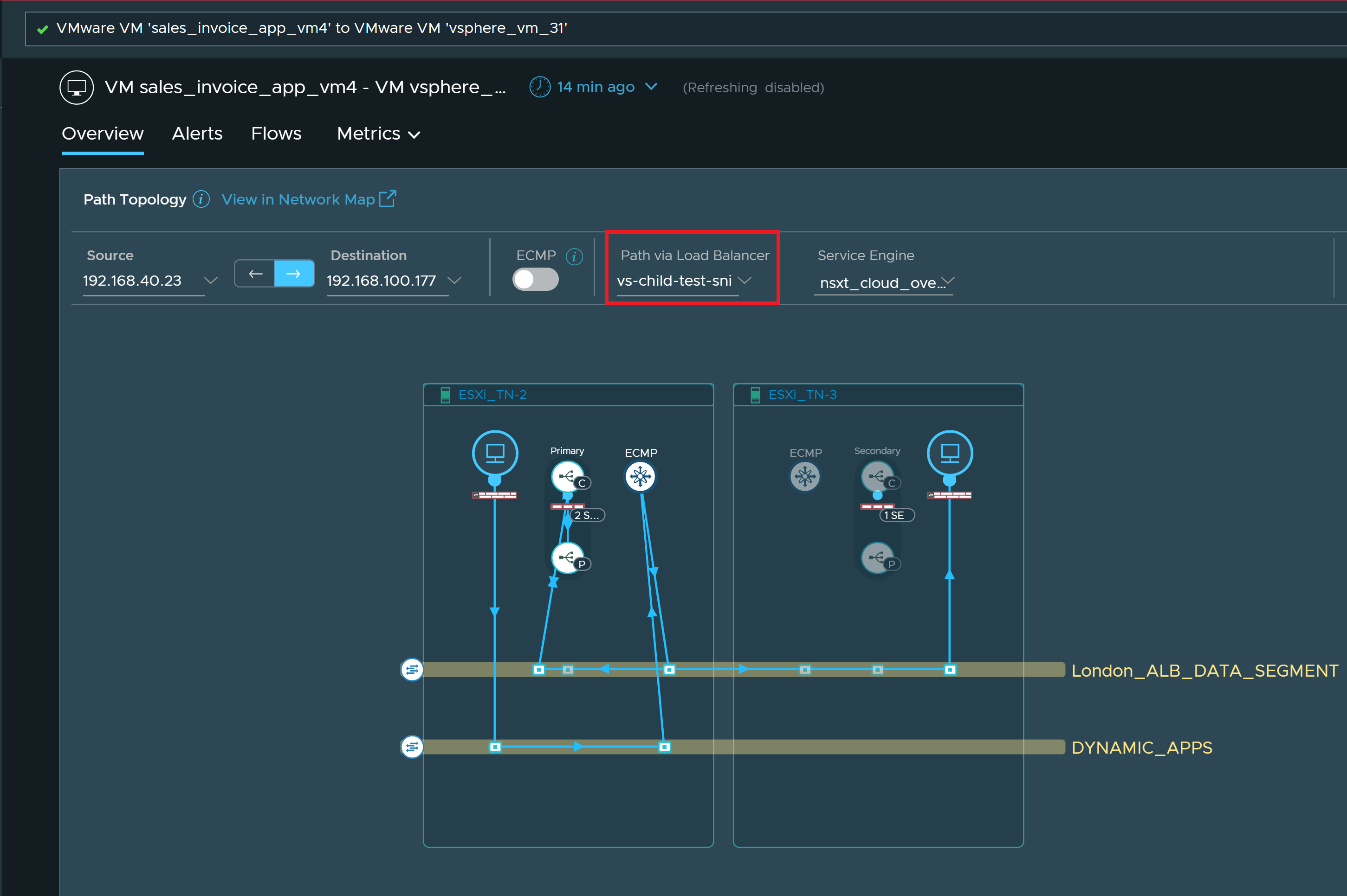 Illustration of VM-VM path through a child Virtual Service