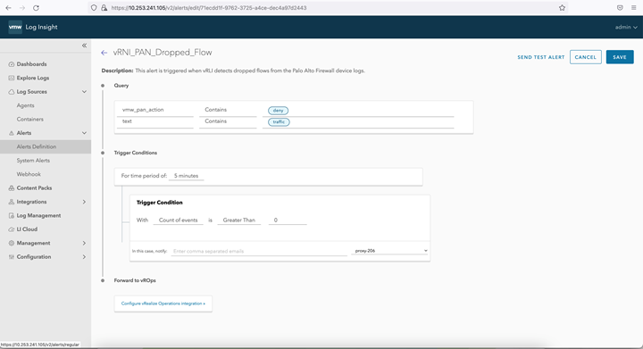 The vRealize Log Insight user interface displays options to enable alerts and select the preconfigured Webhook.