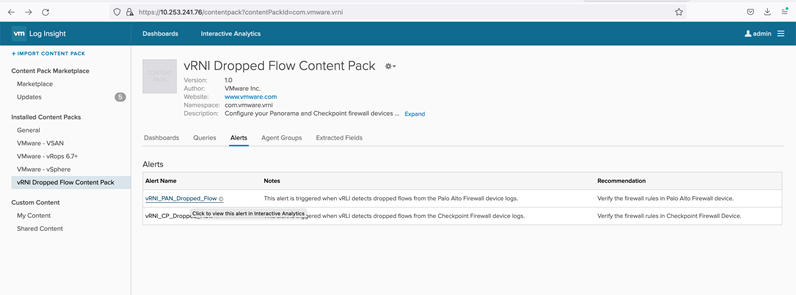 Example of alerts that appear on the vRNI Dropped Flow Content Pack page.